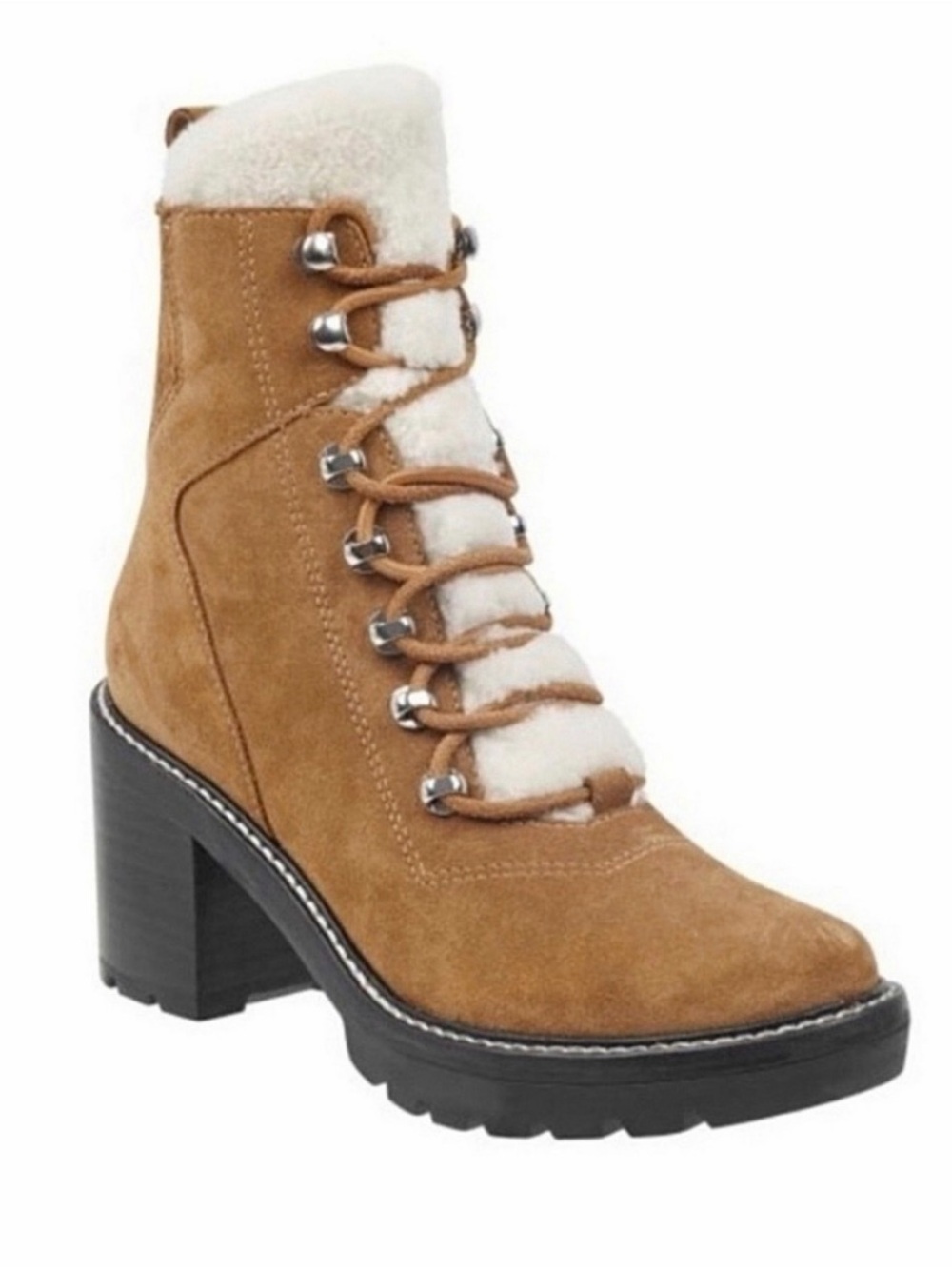 Marc Fisher Denise Suede Shearling Lace-Up Block Heel Boot